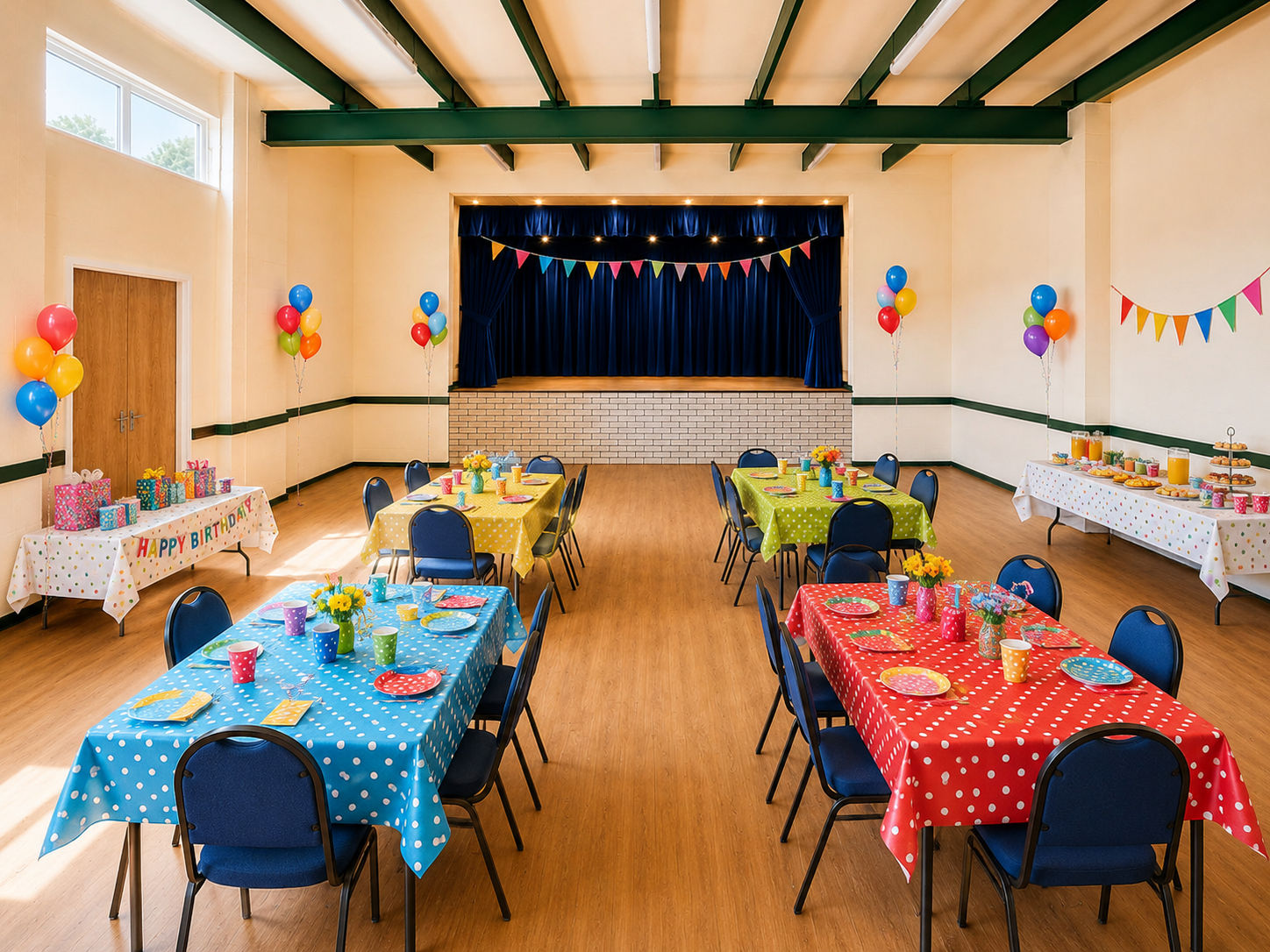 The main hall with wooden floor and natural light